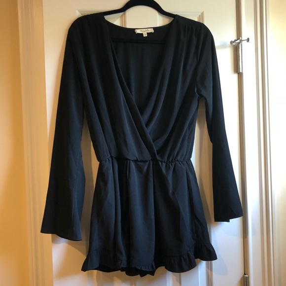 Pants - Black V neck Romper with Ruffle Hem